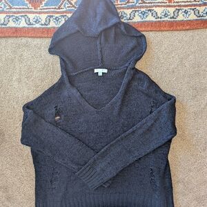 She + Sky Distressed Knitted Hoodie Sweater, Size Large